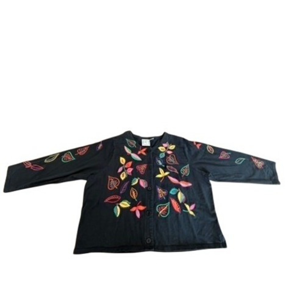 Michael Simon Lite Blk Cotton Embroidered Leaf Button Front Cardigan Top 3X RARE